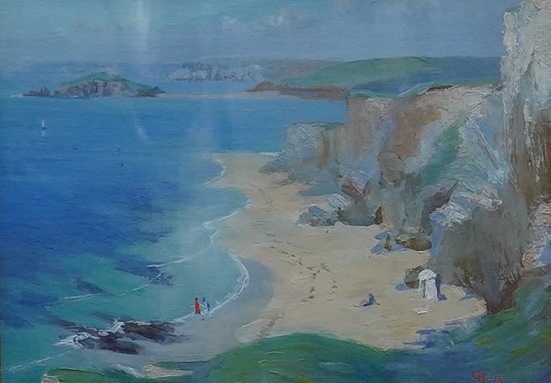 C.N, early 20th century, oil on board, Beach viewed from cliff tops, monogrammed and dated ‘12, 17 x 24cm. Condition - good